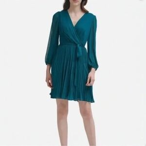 DKNY Pleated Faux Wrap Dress in Emerald / Teal
